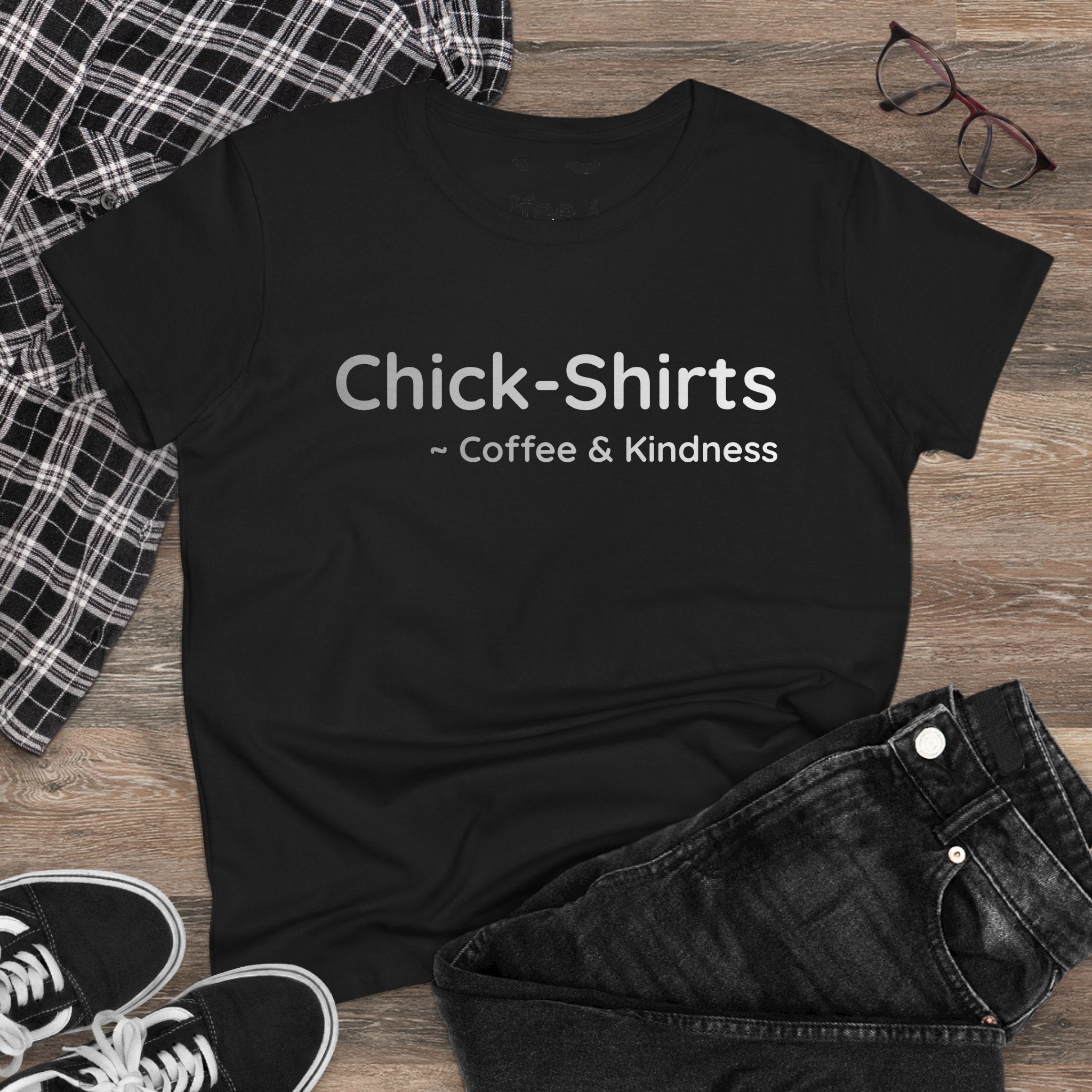 Chick-Shirts Logo Tee — "Coffee & Kindness" Women's Cotton T‑Shirt