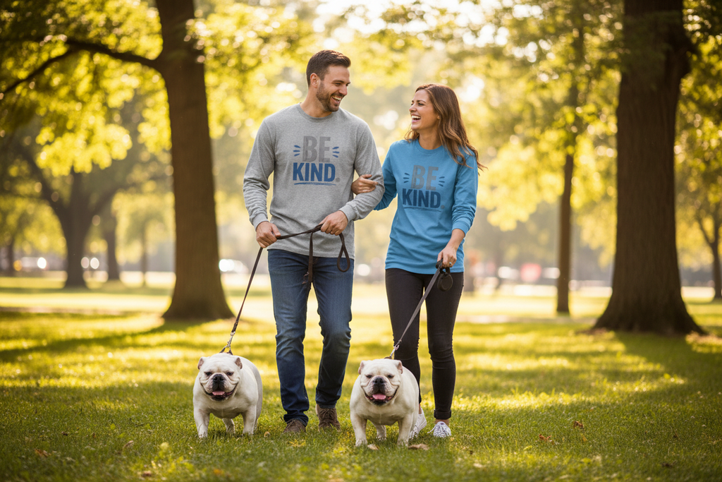 BE KIND. Lifestyle — Couple with English Bulldogs