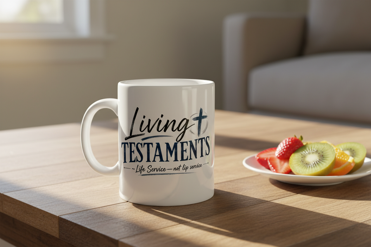 Living Testaments Mug Lifestyle — Coffee Table with Fruit & Sunbeam