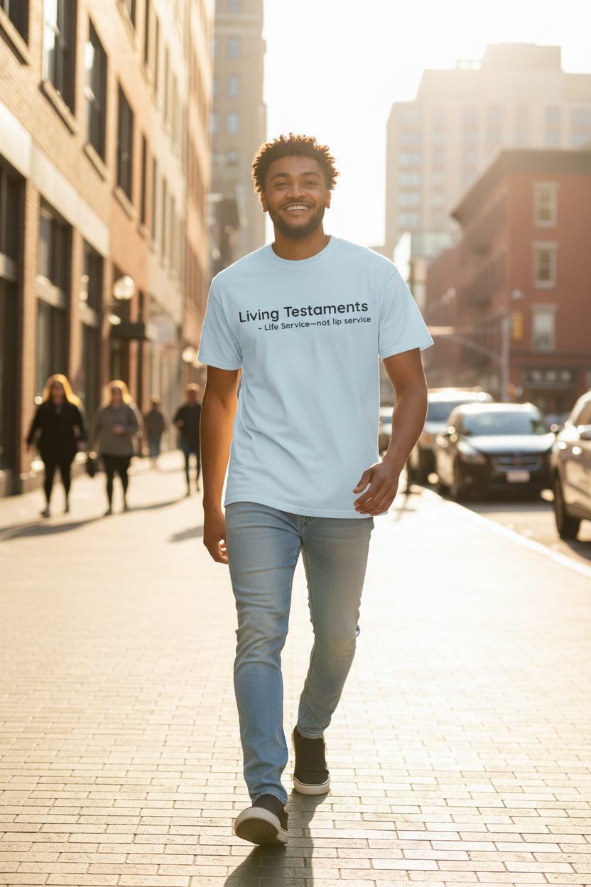 Living Testaments Tee - Ice Blue City Street